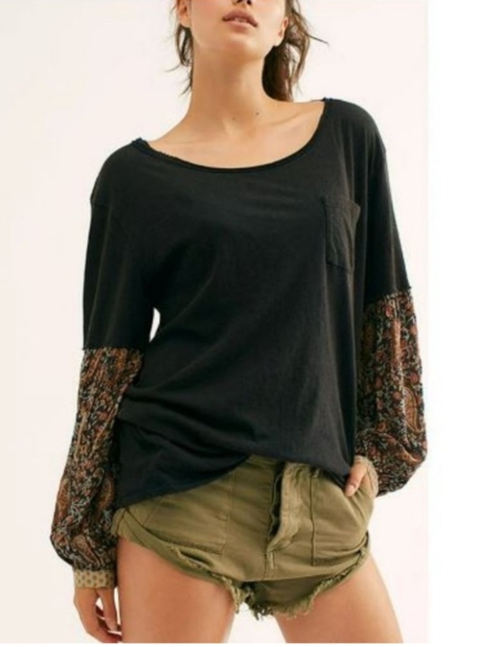 We The Free Black Jade Long Sleeve Top Faux Layered Paisley Sleeves Oversized S - Picture 3 of 8